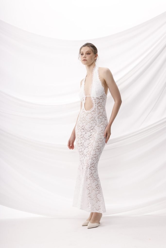 Karlita white lace halter maxi dress, full-length front look