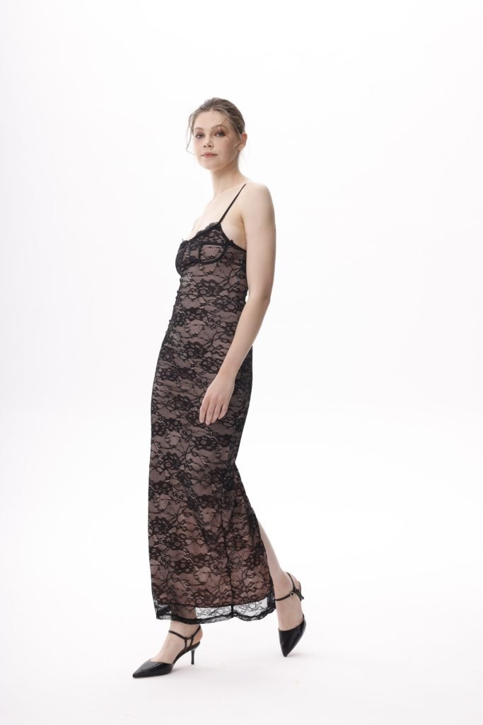 Amore black lace maxi dress, full-length side angle view