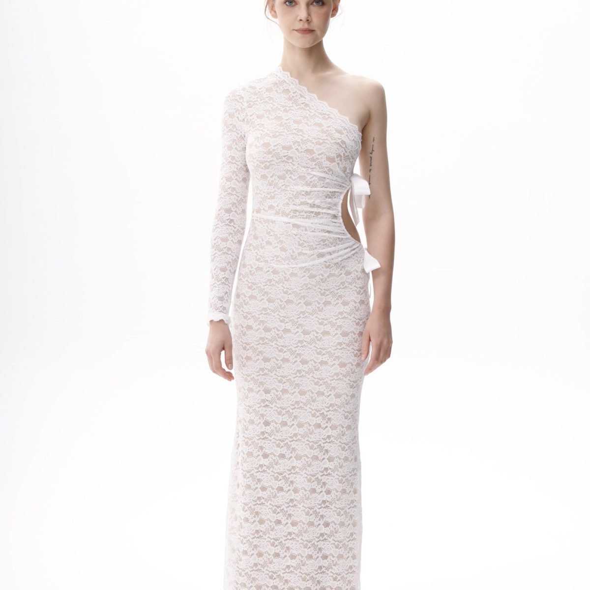 Kiara white one-shoulder lace maxi gown, full-length front view
