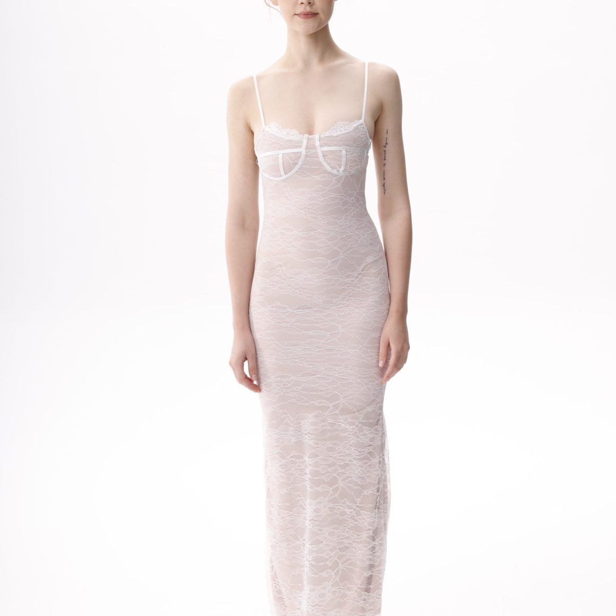 Rena nude bodycon maxi dress, full-length front view of relaxed face