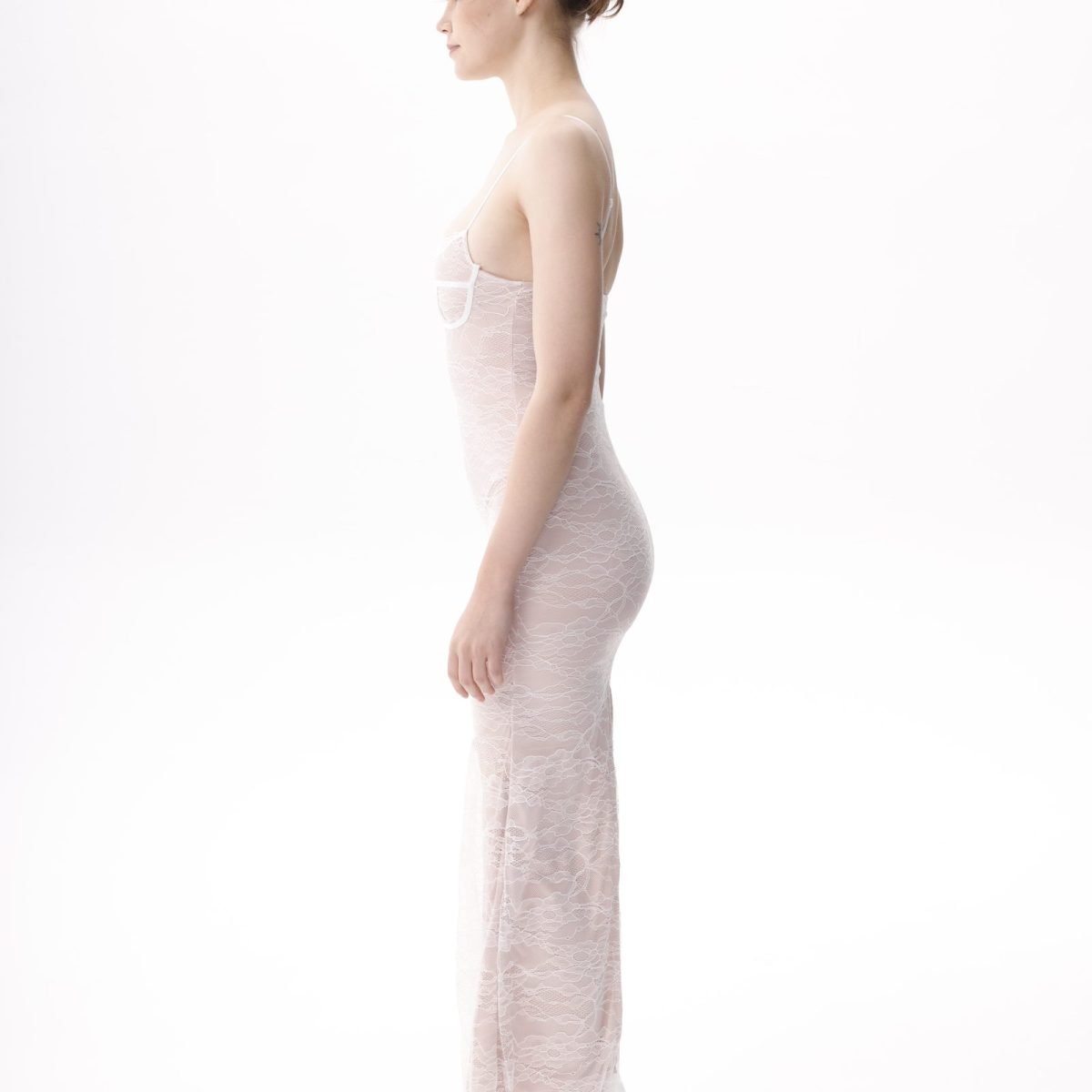 Rena nude bodycon maxi dress, full-length side view